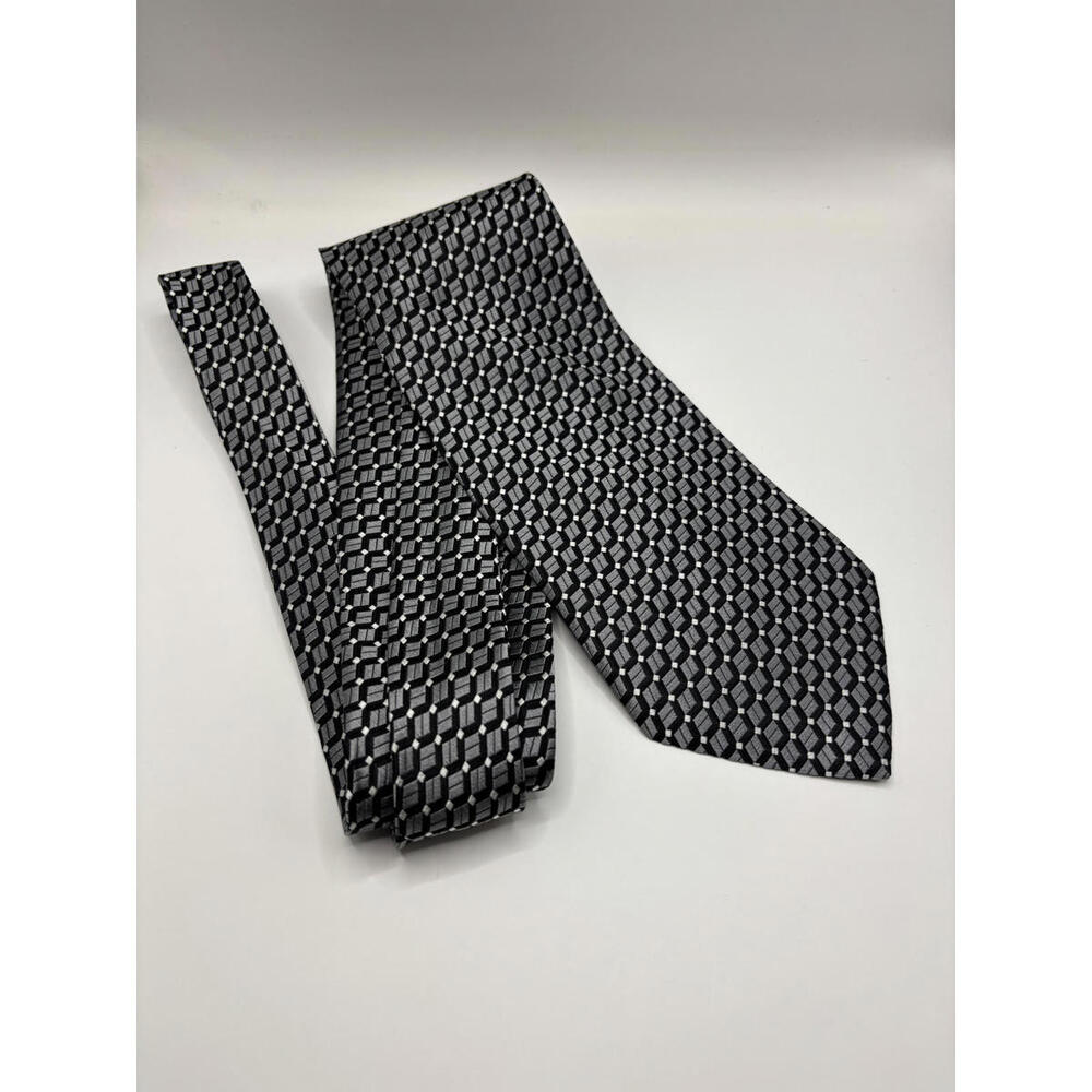 JOSEPH & FIESS Stylish Black and Silver Geometric Pattern Tie SILK